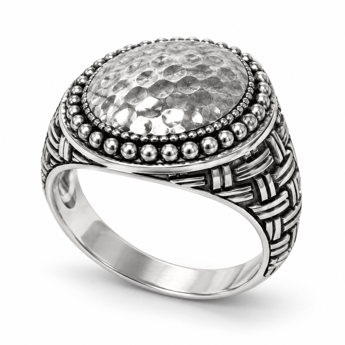 Men's Vintage Hammered Dome Signet Ring in stainless steel with basket weave band
