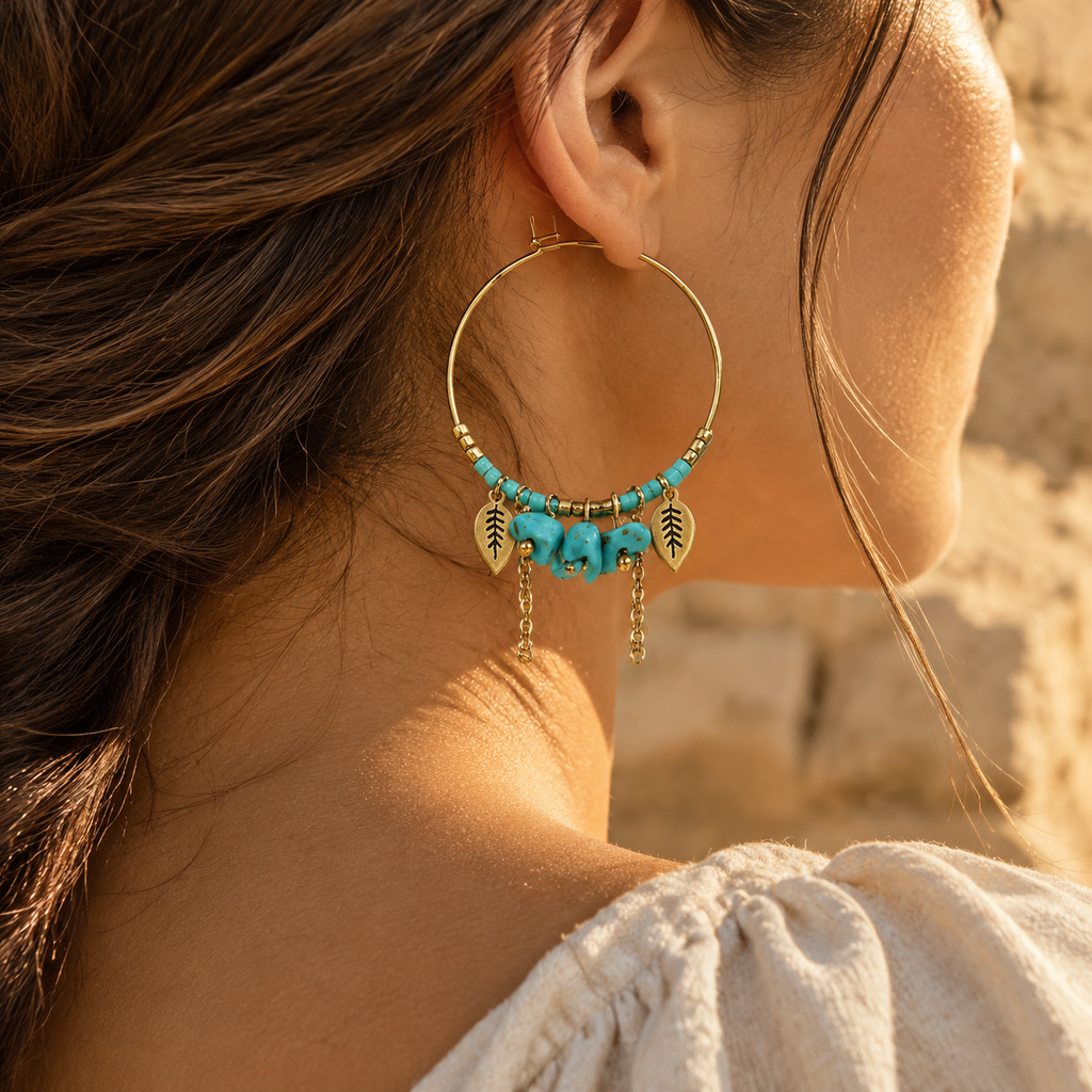 Back profile view of model wearing dangling turquoise nugget hoop earrings with golden leaf charms and chain fringe

