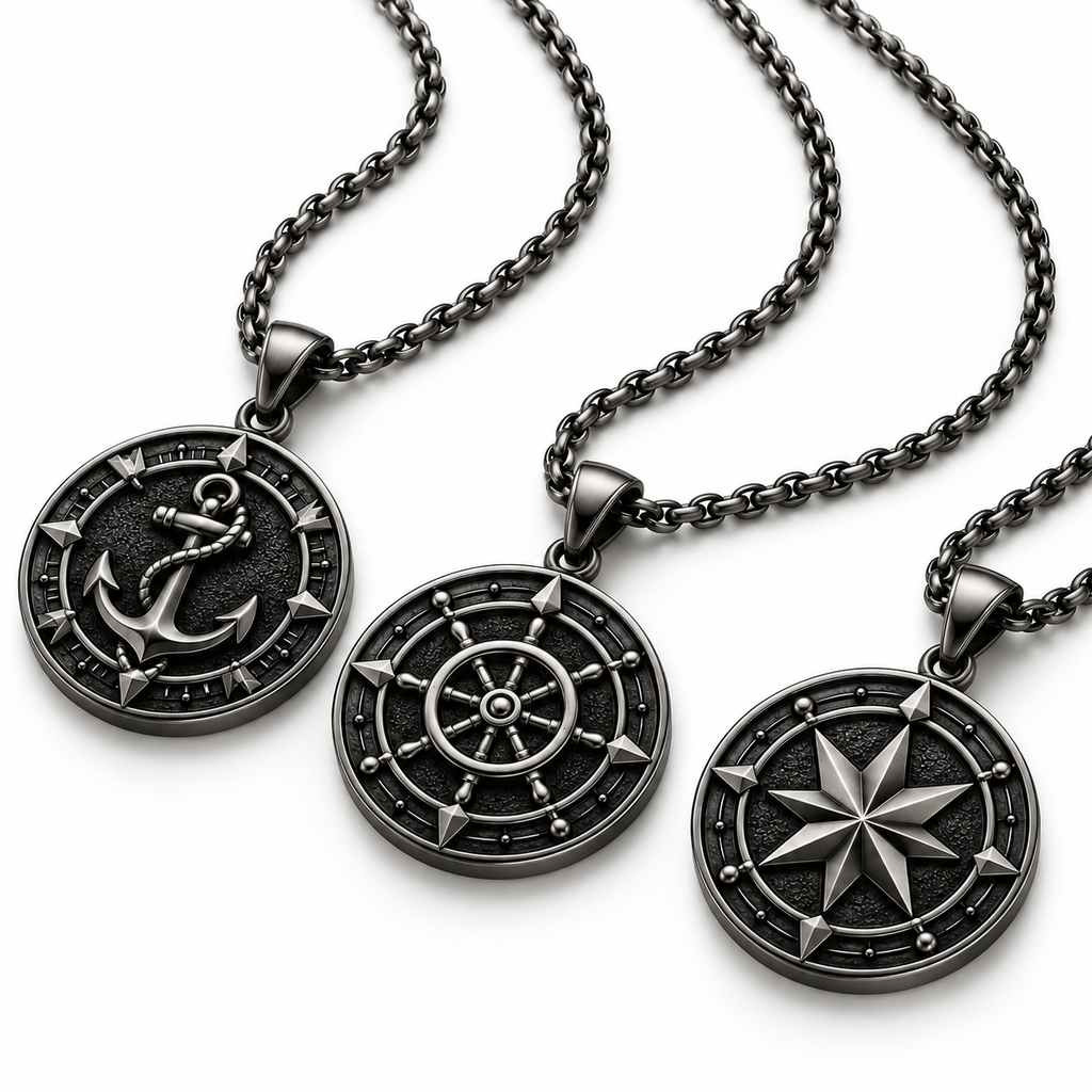 Three stainless steel nautical coin pendant necklaces side by side
