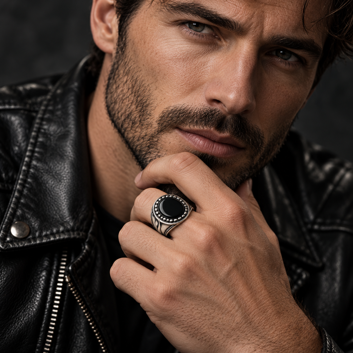 Angled view of heavy-duty antique silver black onyx ring for men
