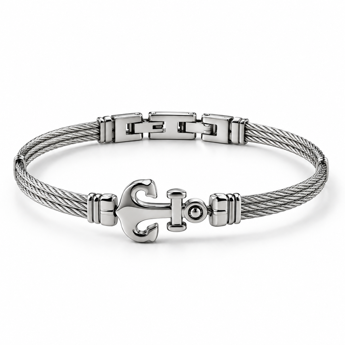Men's stainless steel twisted cable bangle bracelet with sculpted 3D nautical anchor
