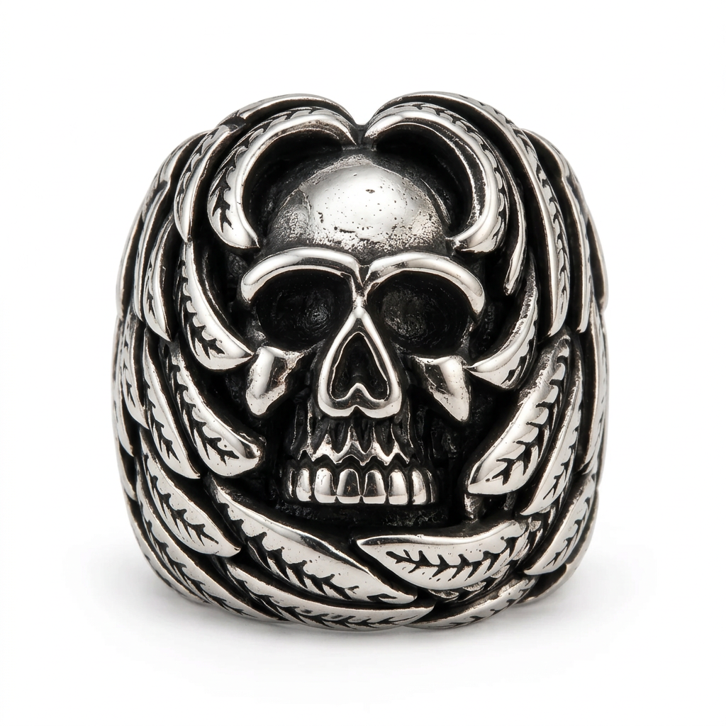 Side profile of detailed sculpted laurel leaves wrapping around skull ring
