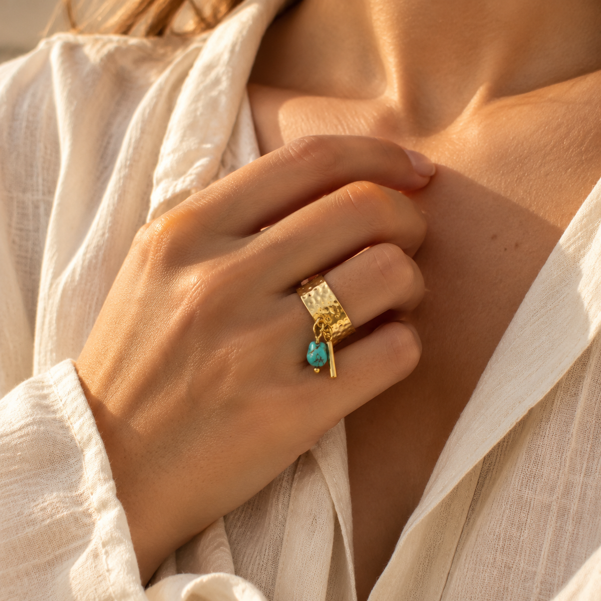 Hammered Gold Wide Band Ring with Dangle Turquoise Charm – 18K Gold Plated Stainless Steel Open Adjustable Ring for Women