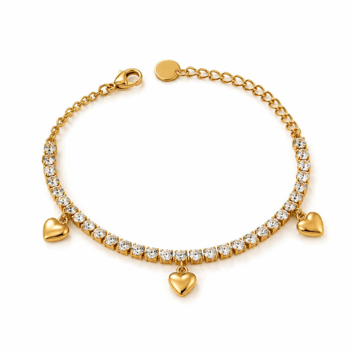 Women's 18K gold-plated CZ tennis bracelet featuring sparkling round crystals and three dangling puffed heart charms with lobster clasp.
