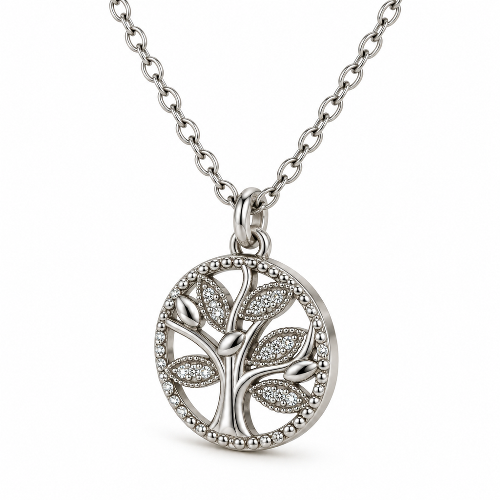 Macro detail view of round silver tree of life medallion with sparkling pavé CZ leaves and beaded border
