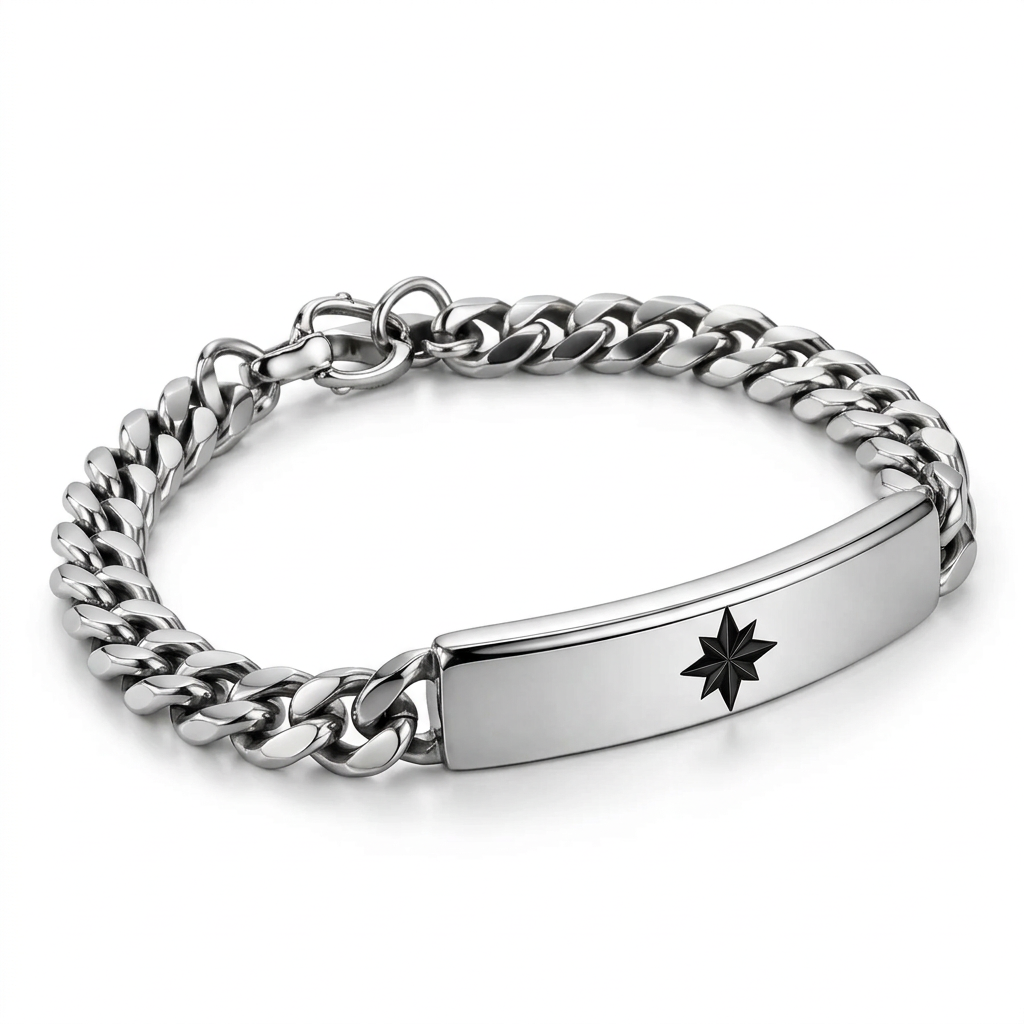 Angled studio view of men's stainless steel Cuban chain North Star ID bracelet
