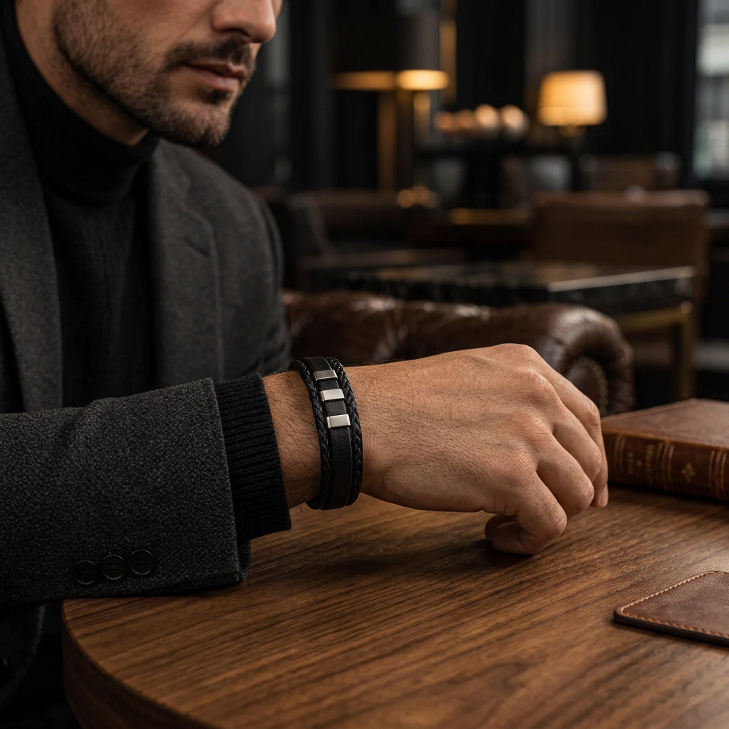 Male model in black turtleneck with arm on wooden table wearing stainless steel bar bracelet
