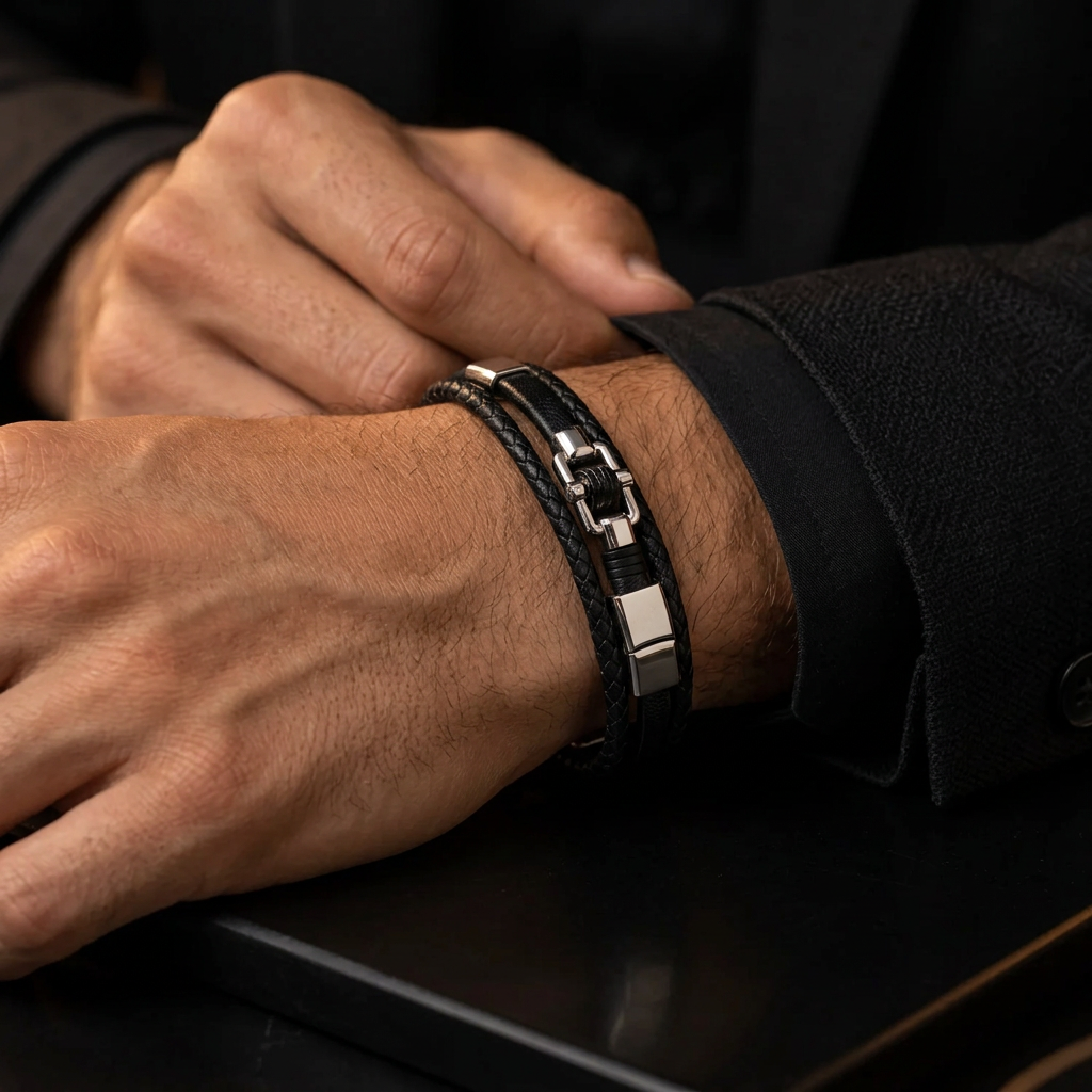 Gentleman in black suit touching chin wearing Men's marine hook leather cuff bracelet
