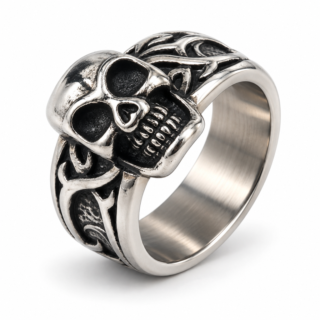 Side profile of men's gothic skull ring showing antique oxidized finish
