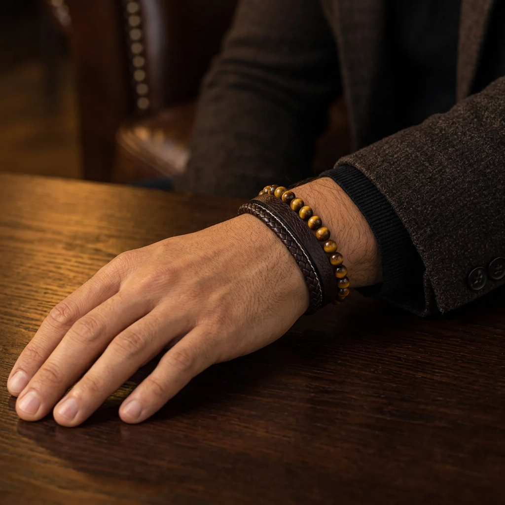 Male hand resting on wooden table wearing Men's golden gemstone leather cuff bracelet
