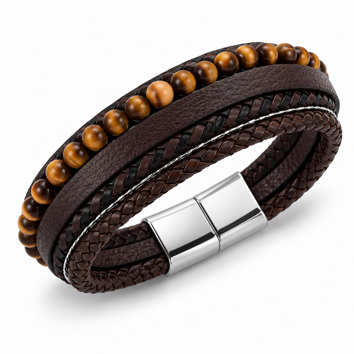 Angled view of Men's brown beaded leather bracelet showing magnetic clasp on white background
