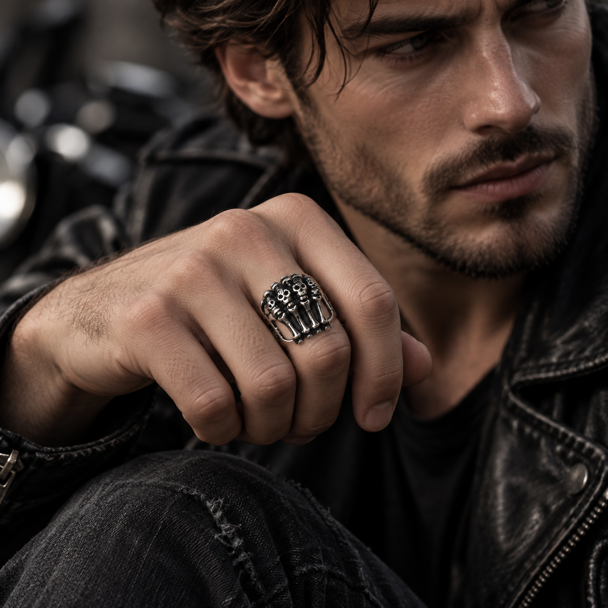 Angled view of heavy-duty biker punk skeleton hand ring
