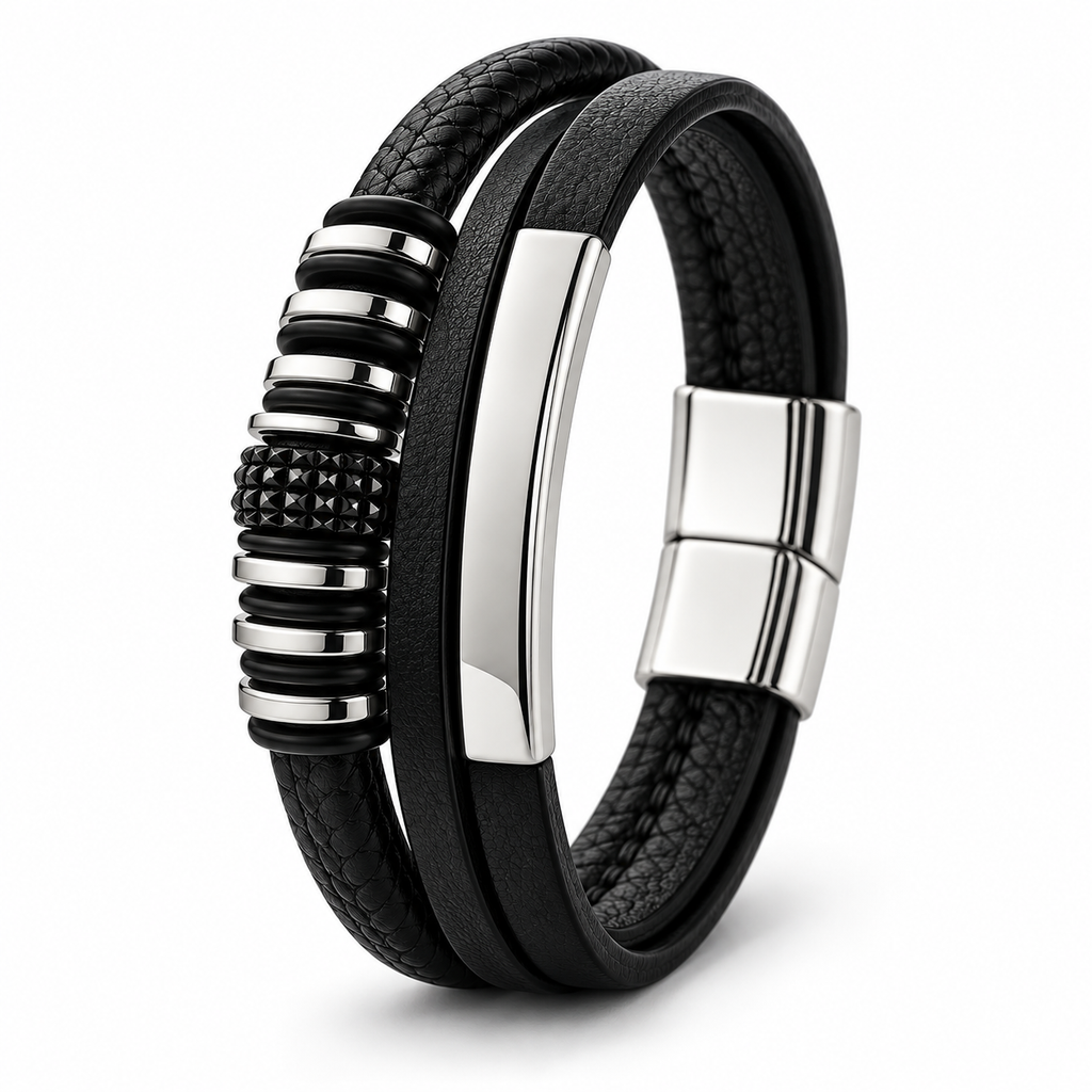 Angled view of Men's black leather ID bar bracelet showing magnetic clasp and spacer rings
