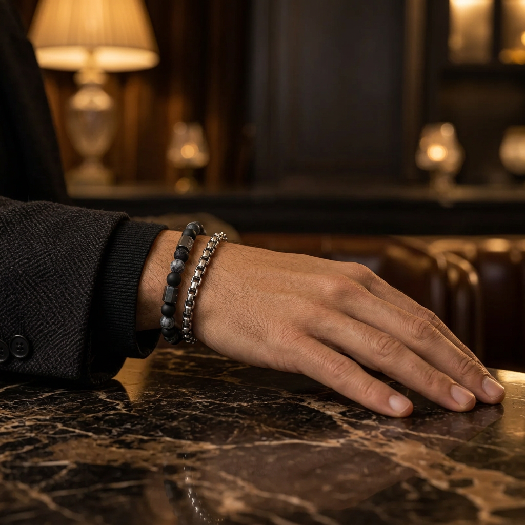 Male hand on marble bar table wearing Men's monochrome lava stone and steel chain bracelet
