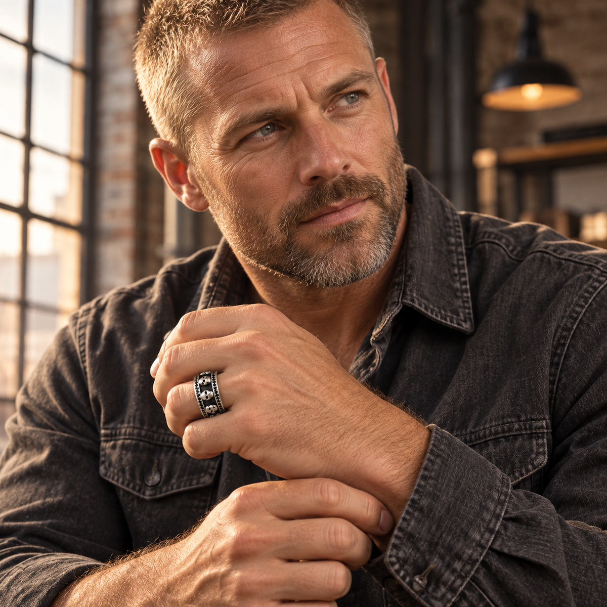 Male model in denim shirt adjusting cuff while wearing heavy industrial skull band ring
