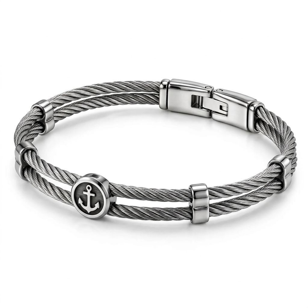 Angled studio view of men's twisted wire cable anchor medallion bangle with fold-over clasp

