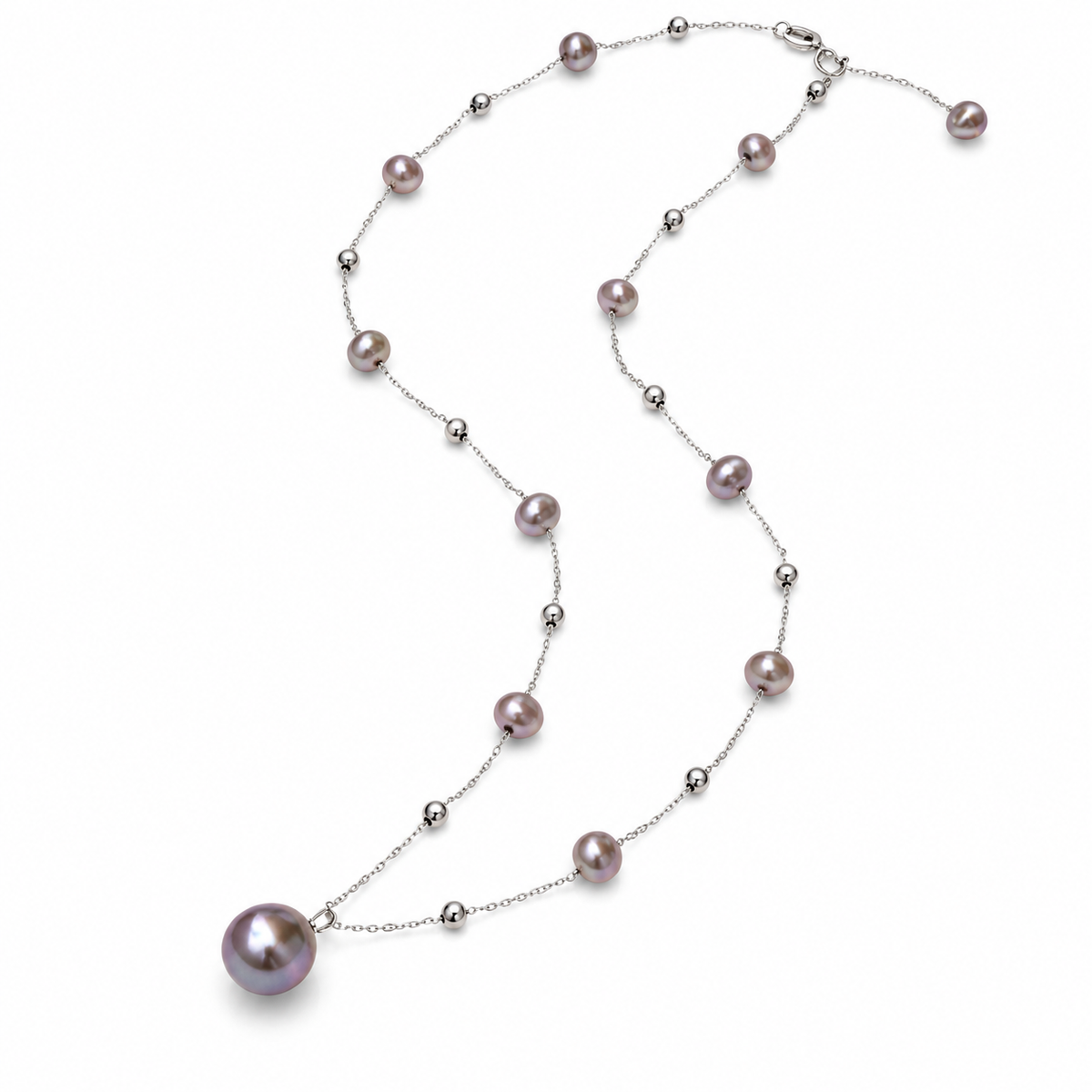 Women's baroque lavender pearl station pendant necklace with stainless steel chain on white background
