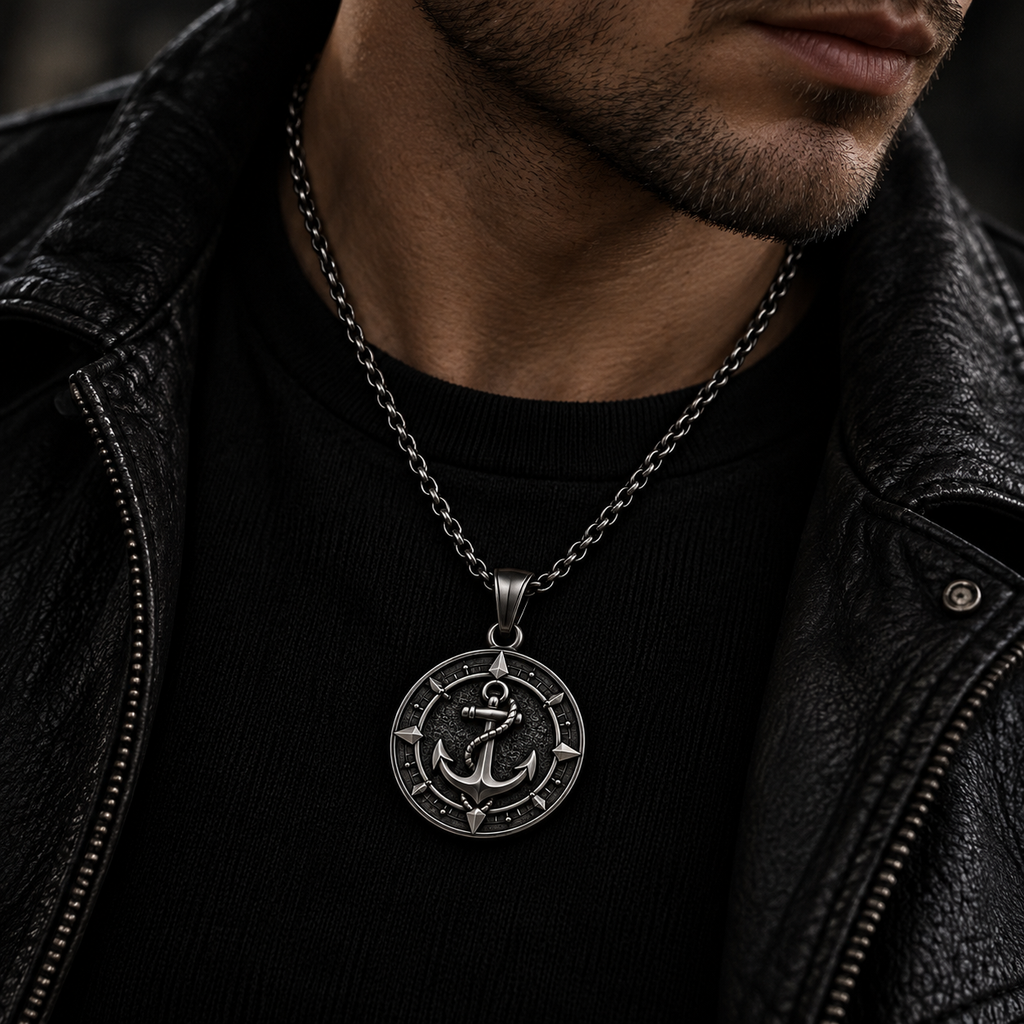 Model wearing men's vintage anchor compass medallion pendant necklace
