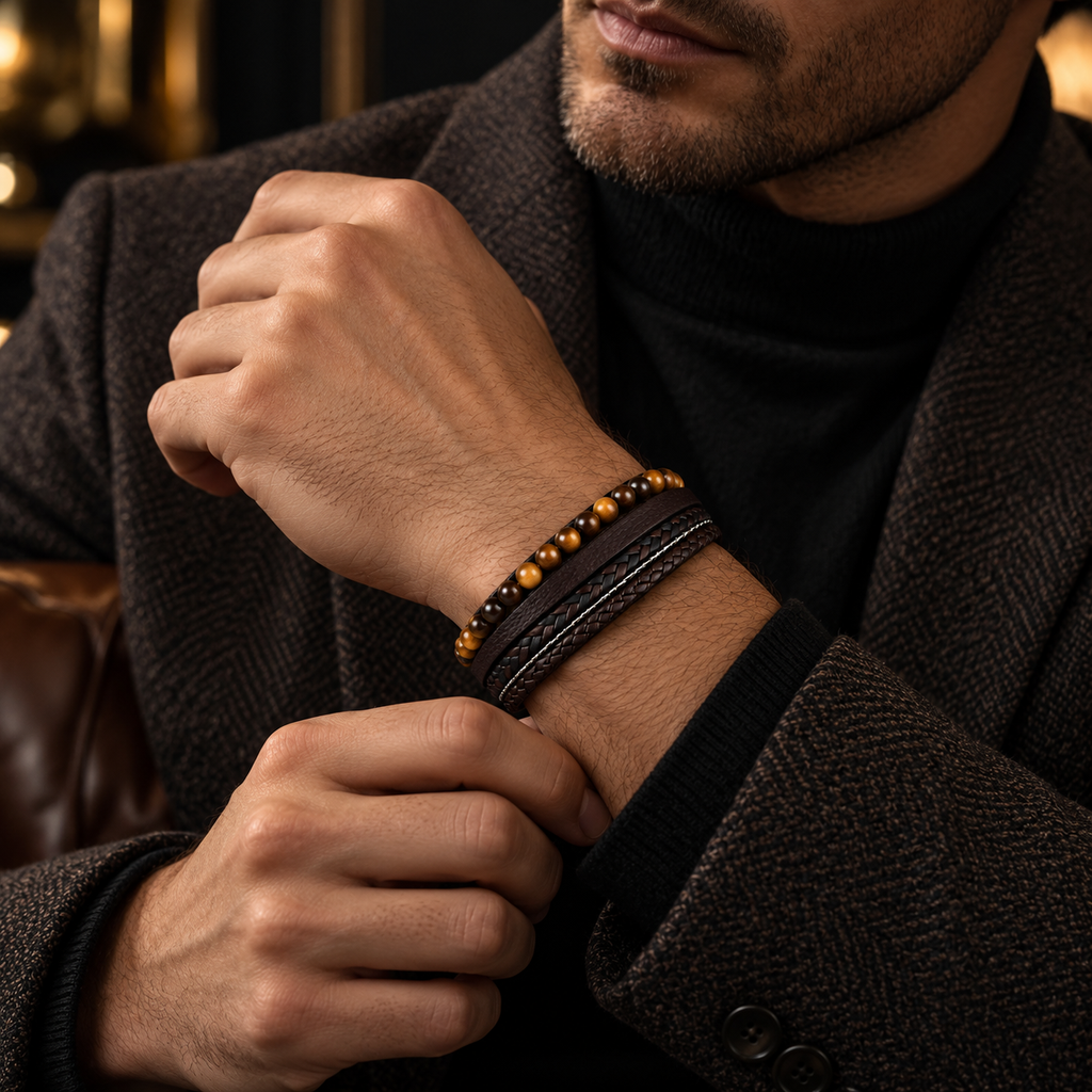 Gentleman in tweed jacket adjusting cuff wearing stacked brown tiger eye bracelet
