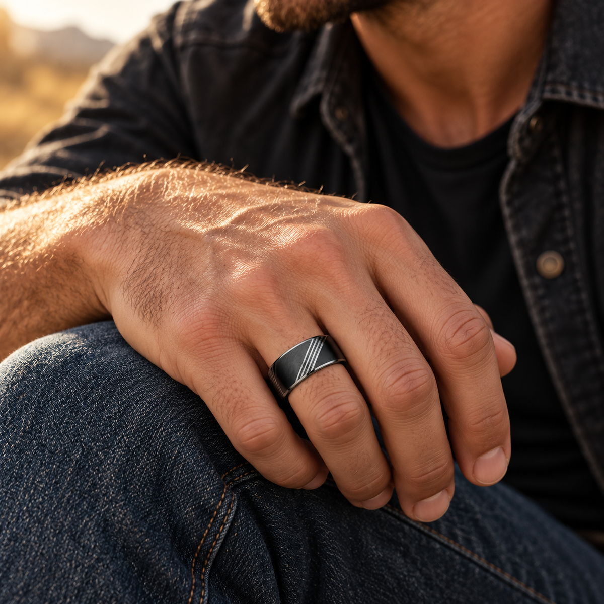 Close-up of Men's black geometric ring on hand resting on blue denim jeans
