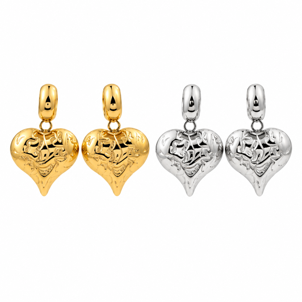 Women's Vintage Engraved Filigree Puffed Heart Huggie Drop Earrings – Stainless Steel Jewelry