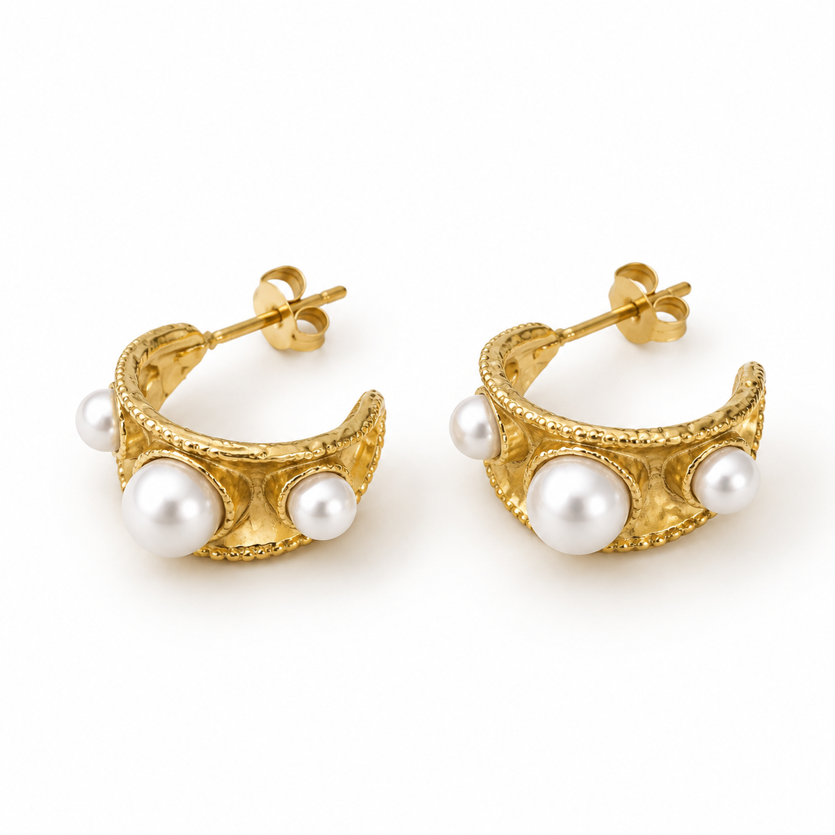 Women's Vintage Textured Pearl Crescent Hoop Earrings