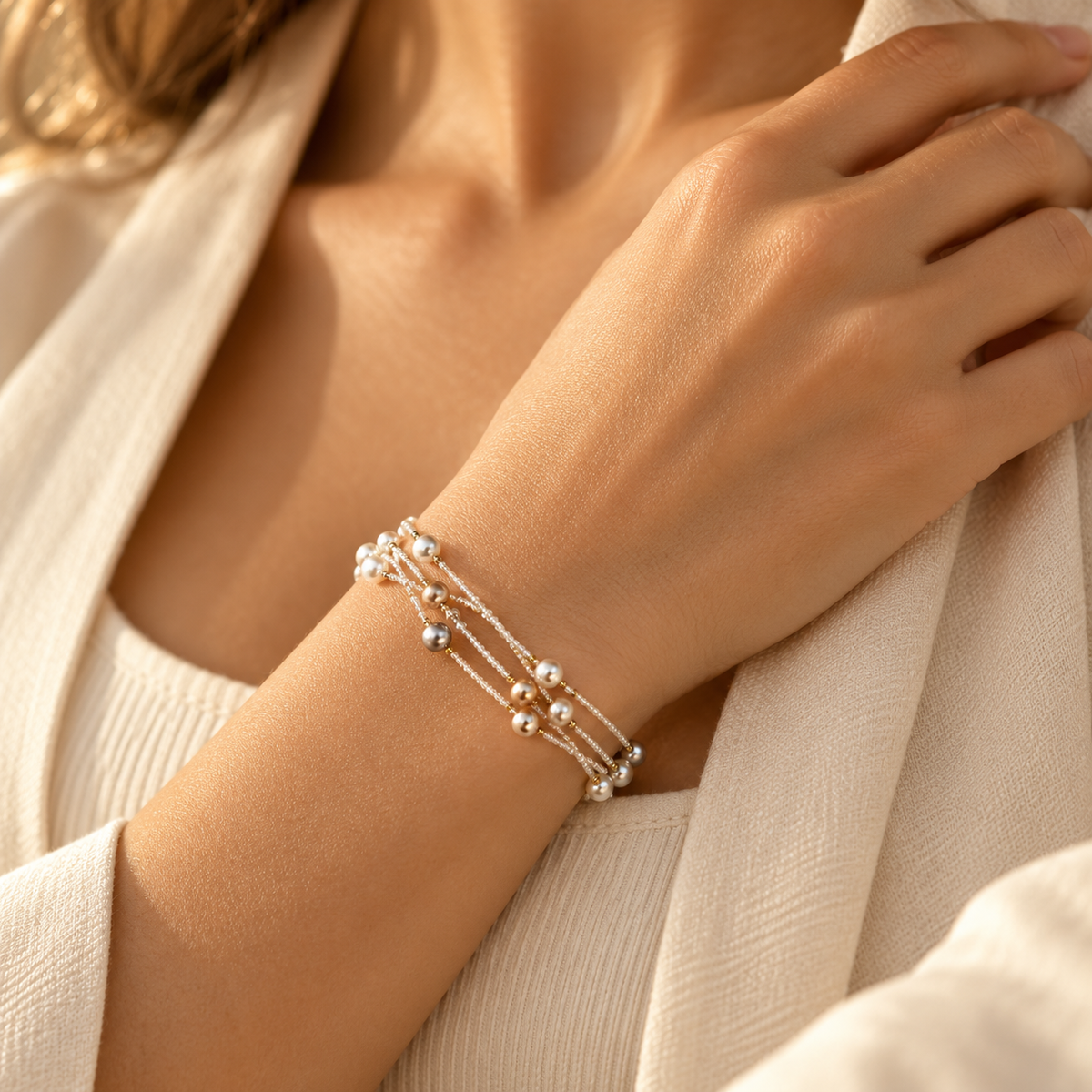 Model resting hand on shoulder displaying elegant triple-strand simulated pearl and seed bead bracelet in soft natural light
