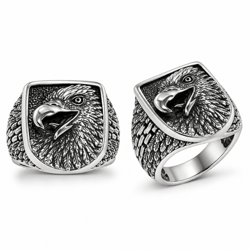 Dual view of Men's bald eagle signet ring showing front face and side feather relief
