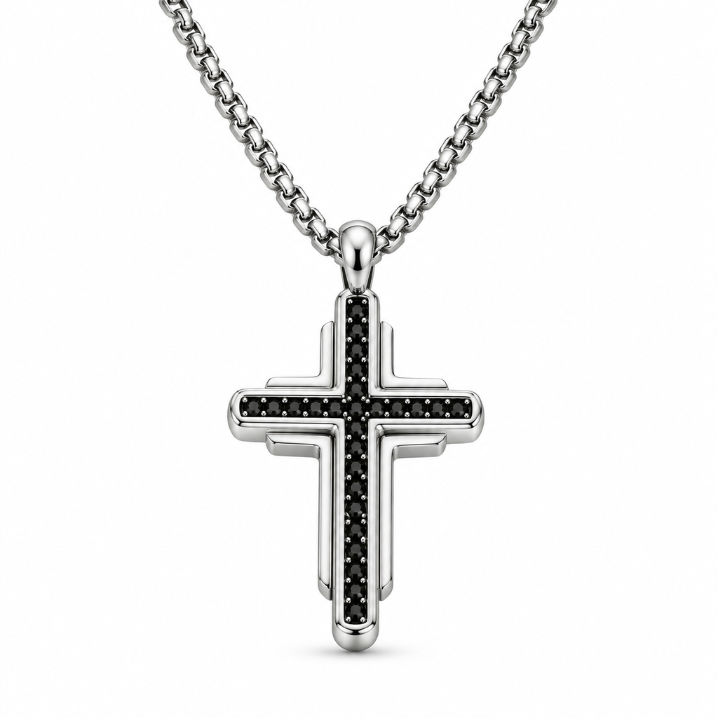 Men's double-layer tiered black pavé CZ cross pendant necklace on stainless steel chain
