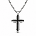 Men's double-layer tiered black pavé CZ cross pendant necklace on stainless steel chain
