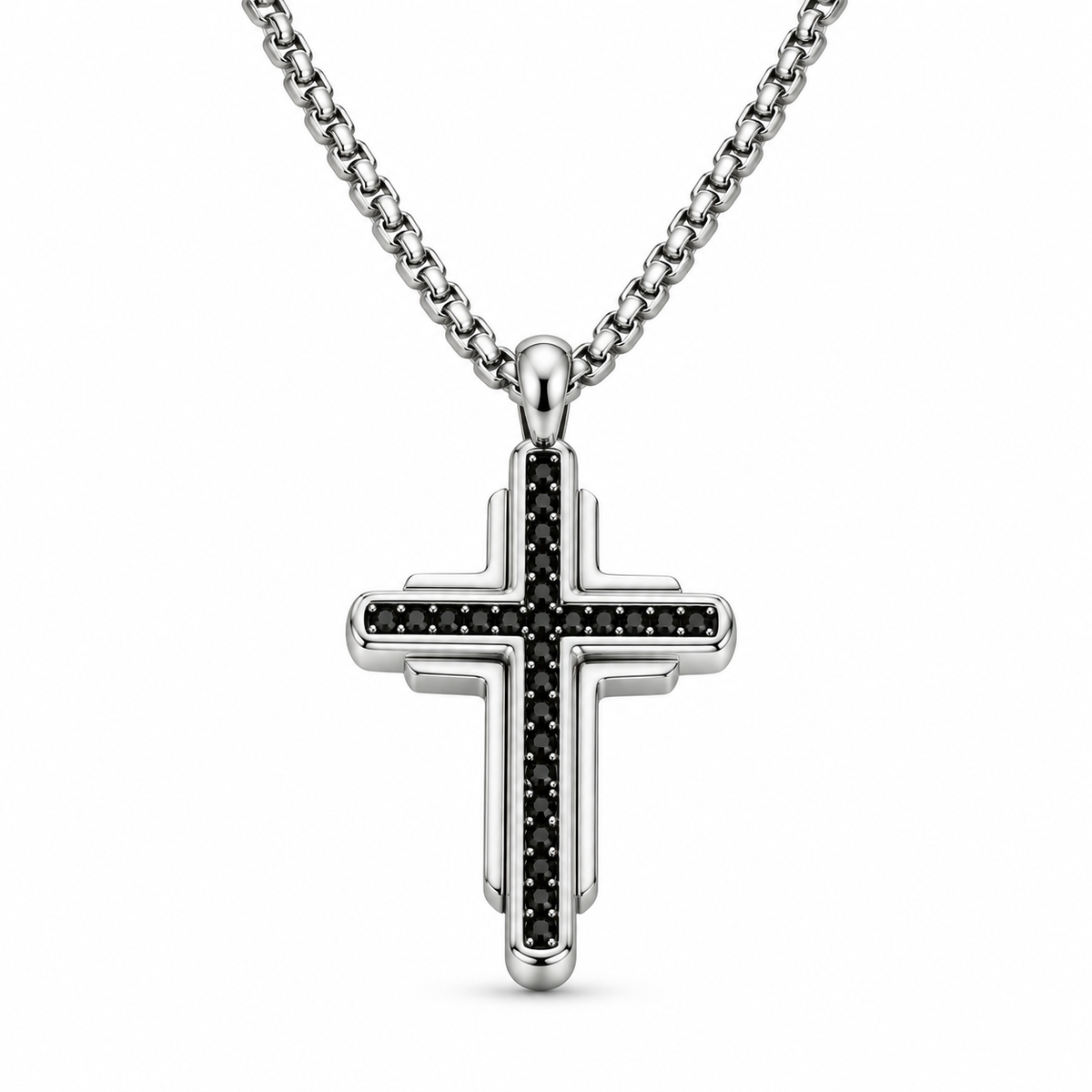 Men's double-layer tiered black pavé CZ cross pendant necklace on stainless steel chain
