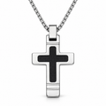 Men's beveled edge black inlay cross pendant necklace on stainless steel chain
