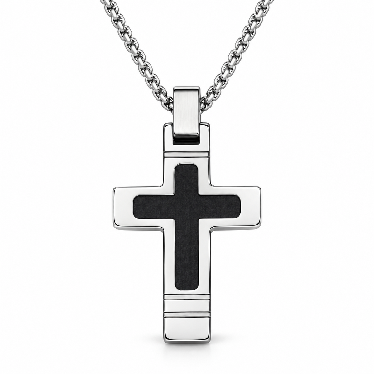 Men's beveled edge black inlay cross pendant necklace on stainless steel chain
