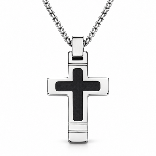 Men's beveled edge black inlay cross pendant necklace on stainless steel chain
