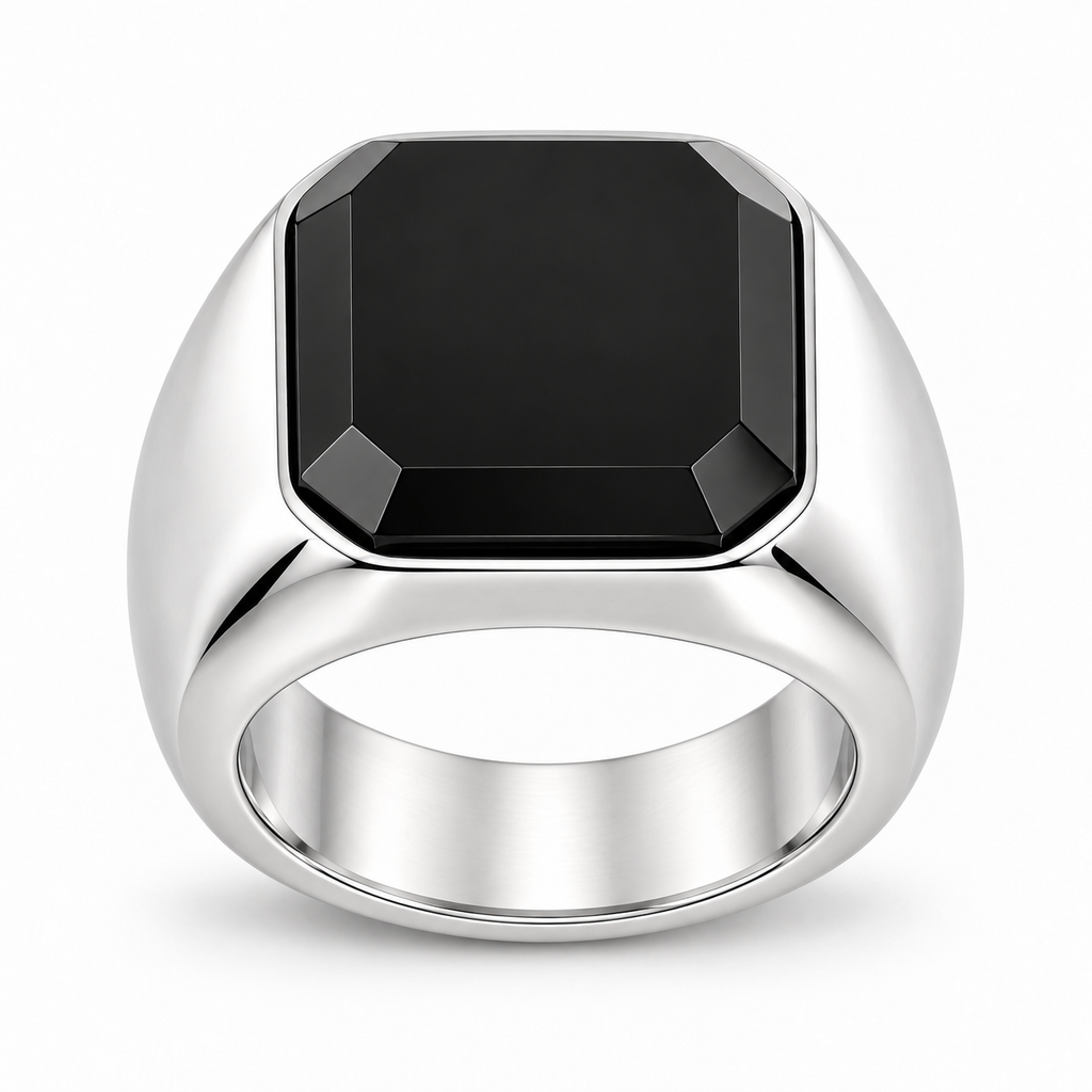 Men's square black onyx signet ring in high polish stainless steel
