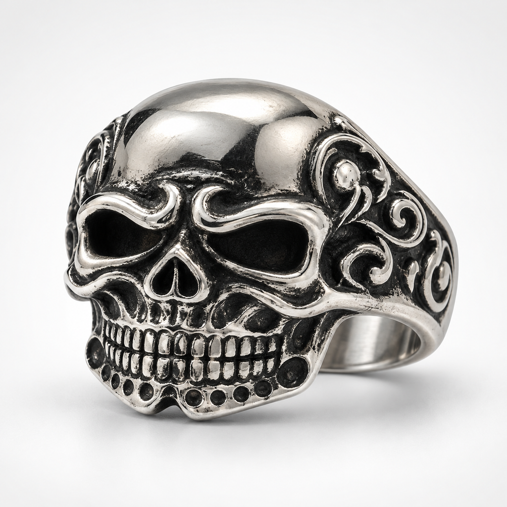 Men's heavy carved skull ring with floral filigree in stainless steel
