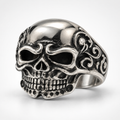 Men's heavy carved skull ring with floral filigree in stainless steel
