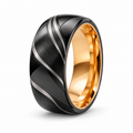 Men's Two-Tone Black & Rose Gold Wave Ring in brushed stainless steel on white background
