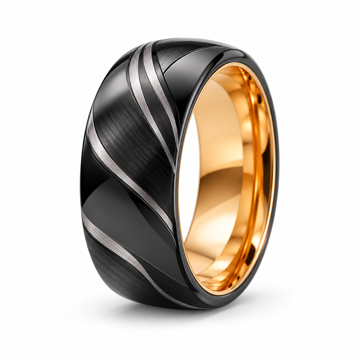 Men's Two-Tone Black & Rose Gold Wave Ring in brushed stainless steel on white background
