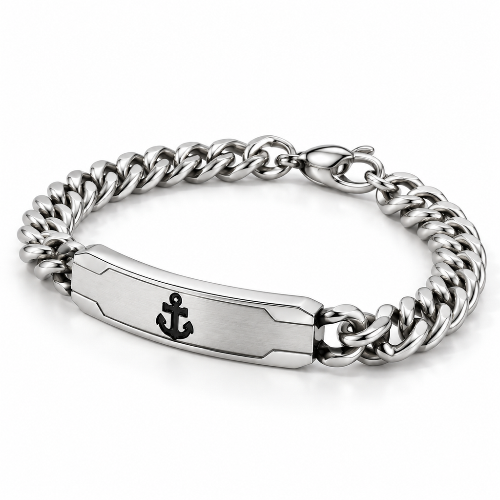 Angled studio view of men's stainless steel Cuban chain anchor ID bracelet
