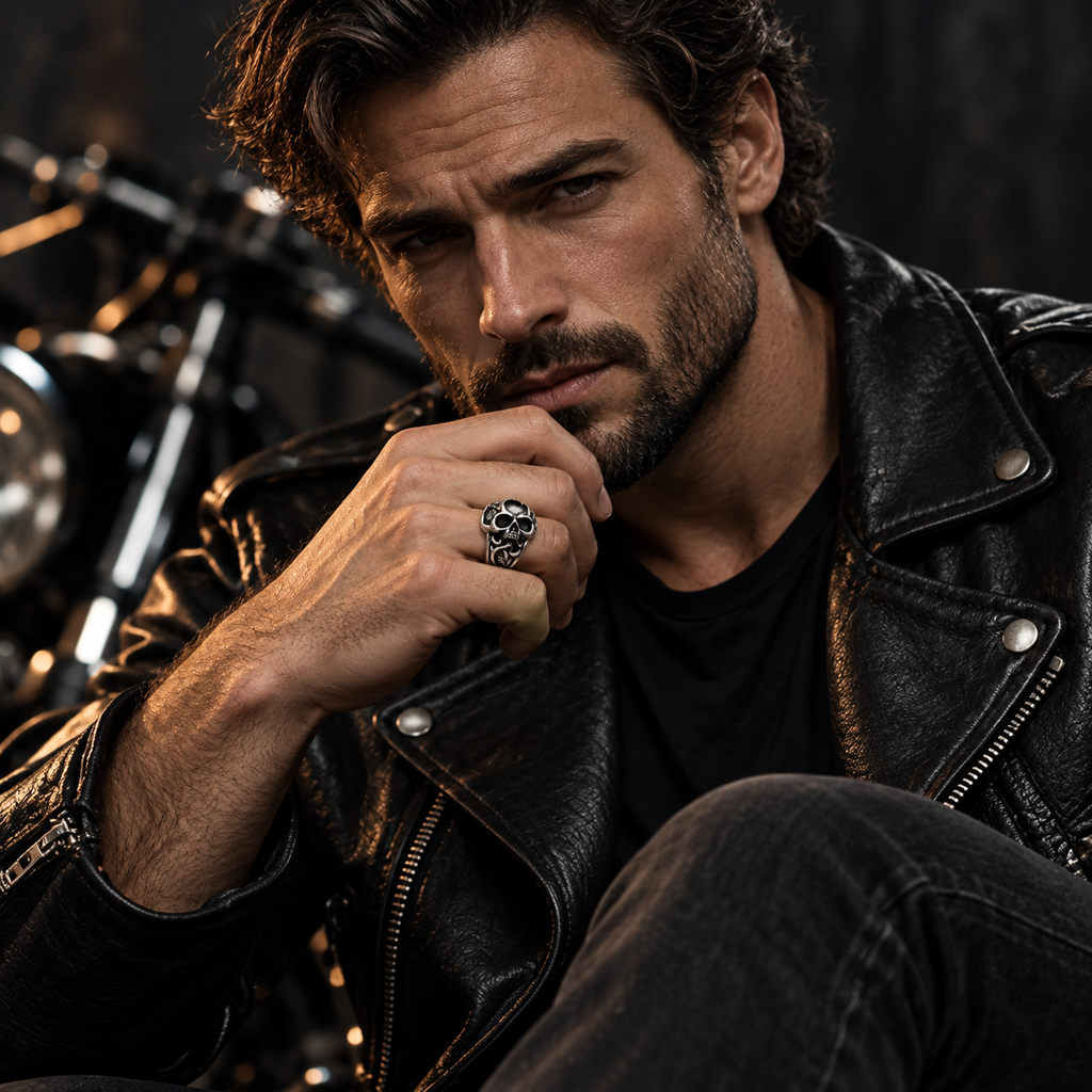 Angled view of heavy-duty stainless steel biker punk skull ring
