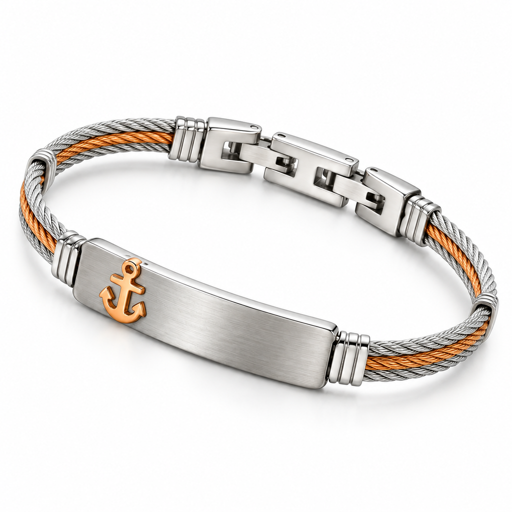 Angled studio view of men's two-tone twisted wire cable gold anchor bangle with fold-over clasp
