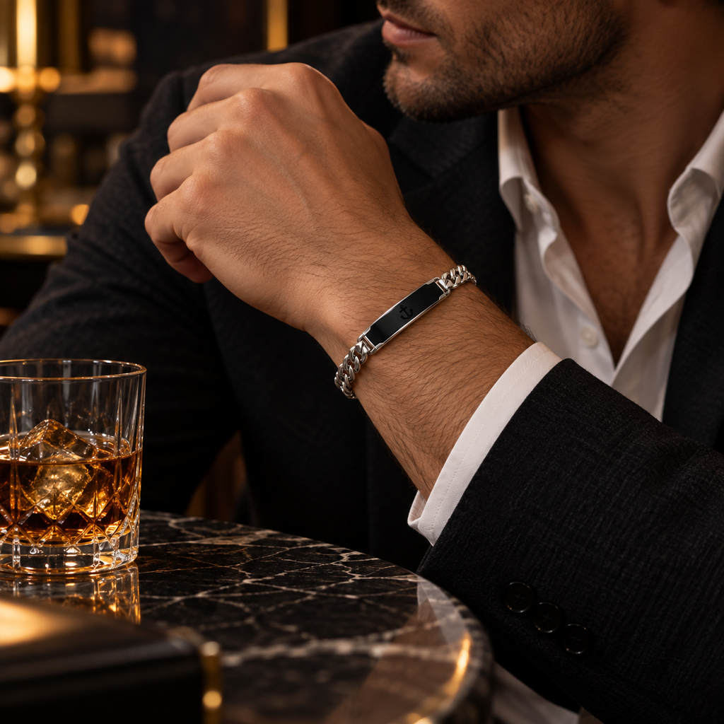 Men's Cuban Curb Chain Black Enamel Anchor ID Bar Bracelet – Stainless Steel Jewelry