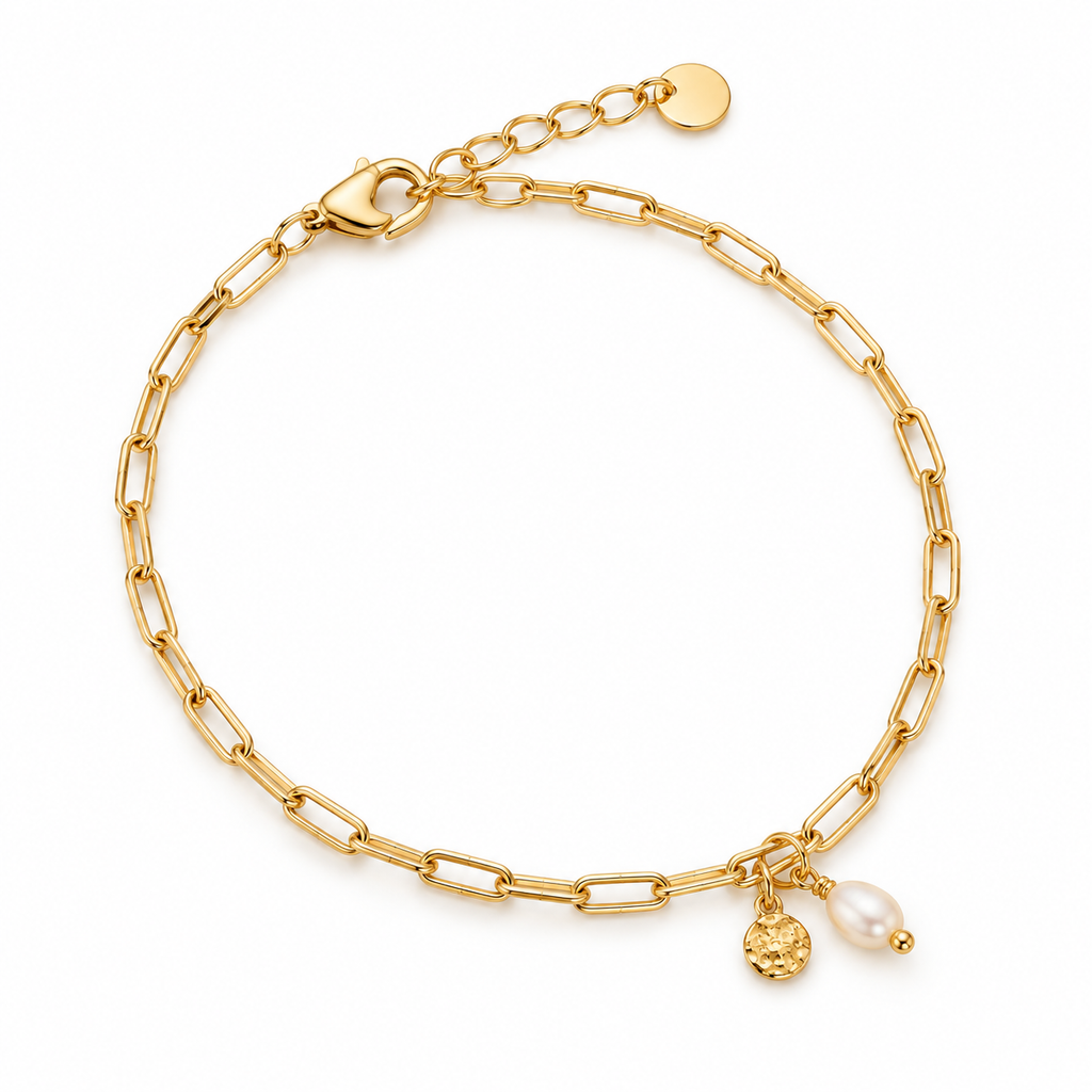 Freshwater Pearl & Coin Charm Paperclip Bracelet – 18K Gold Plated Stainless Steel Link Chain Bracelet for Women