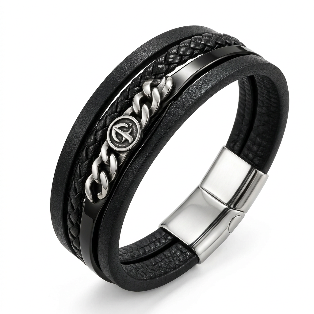 Angled perspective view of Men's eagle curb chain leather bracelet showing magnetic clasp
