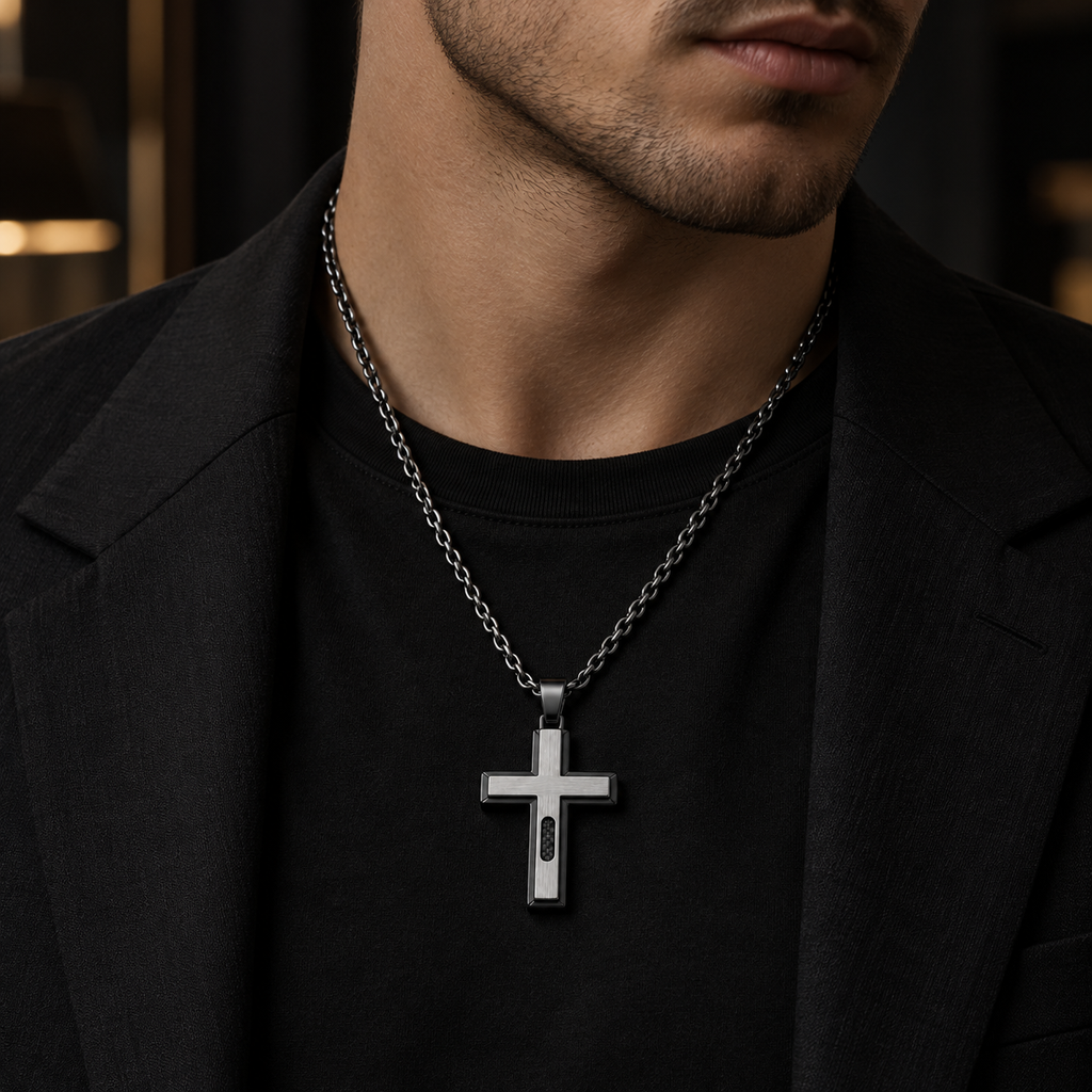 Model wearing men's two-tone beveled cross pendant necklace with carbon fiber inlay
