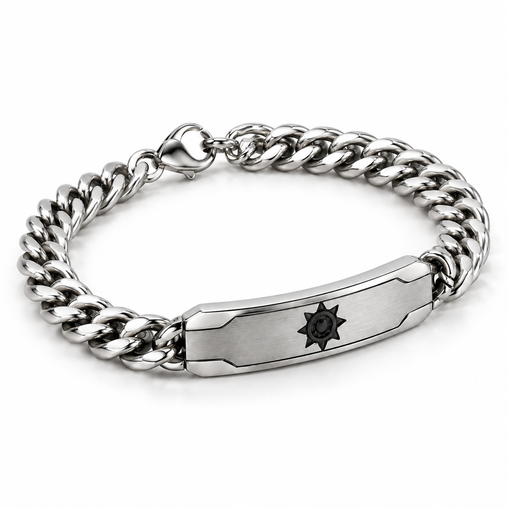 Angled studio view of men's stainless steel Cuban chain solar sun ID bracelet
