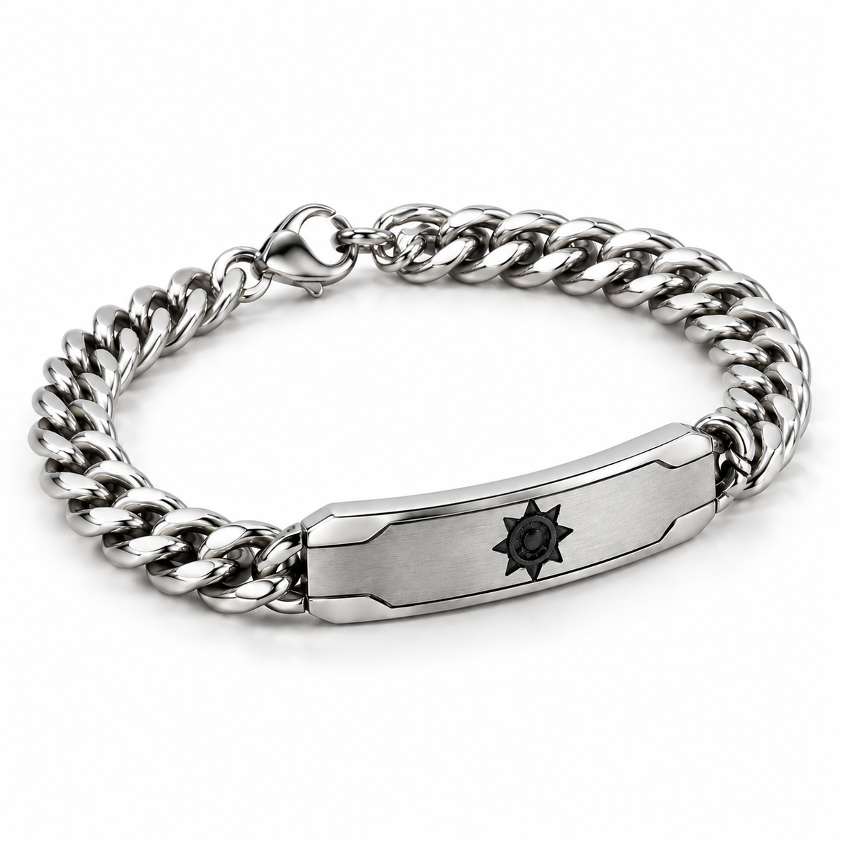 Angled studio view of men's stainless steel Cuban chain solar sun ID bracelet
