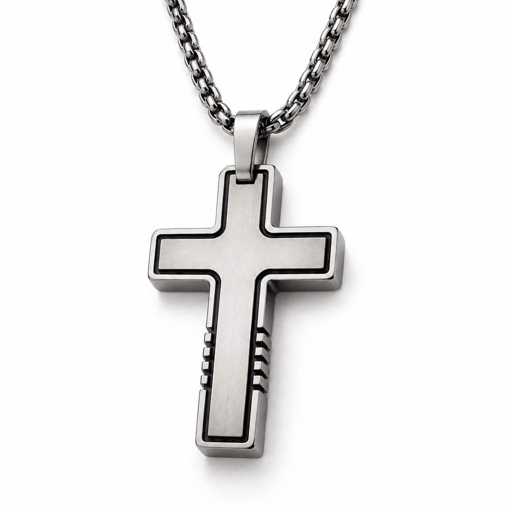 Men's Industrial Tactical Grooved Cross & Bar Tag Pendant Necklace – Stainless Steel Jewelry