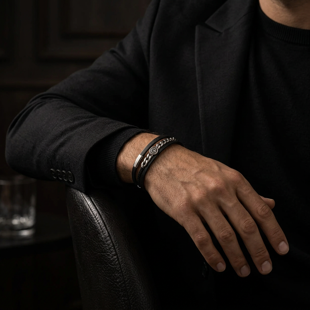 Male wrist resting on leather armchair wearing eagle crest Cuban chain leather bracelet
